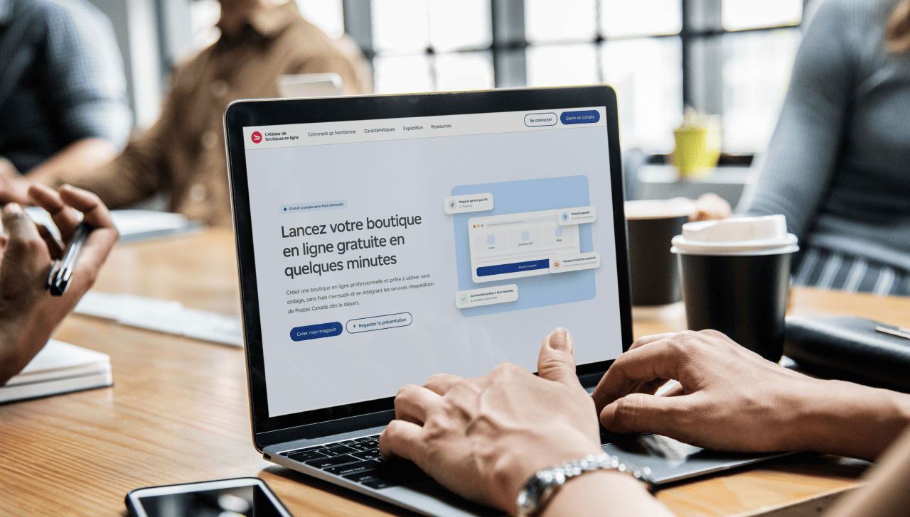 Les mains d’une personne sur le clavier d’un ordinateur portable affichant la page de l’outil de création de boutiques en ligne. Sur la table de travail, il y a un téléphone intelligent, une tasse à café et des articles de bureau.
