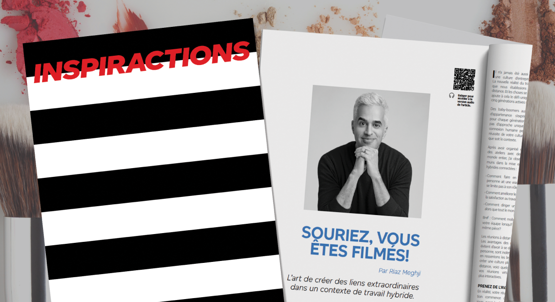 La page couverture de l’édition « Pleins feux sur 2024 » du magazine « INSPIRACTIONS » et la page de l’article « Souriez, vous êtes filmés! » écrit par Riaz Meghji.