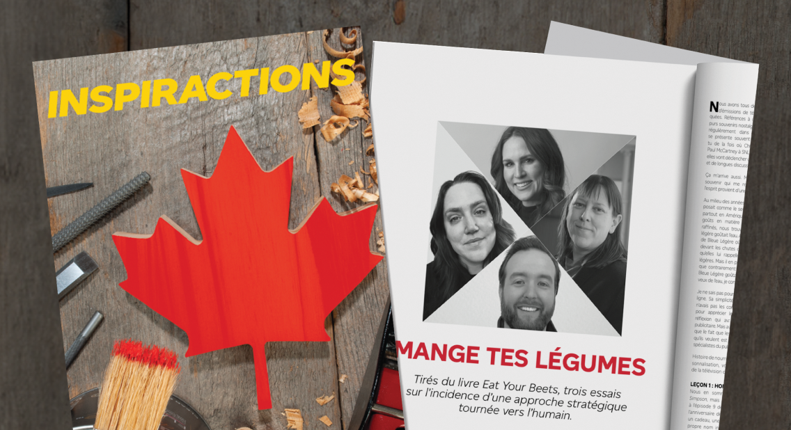 La page couverture de l&rsquo;&eacute;dition &laquo; Les humains d&rsquo;abord &raquo; du magazine INSPIRACTIONS et vue sur la page de l&rsquo;article &laquo; mange tes l&eacute;gumes &raquo;.

