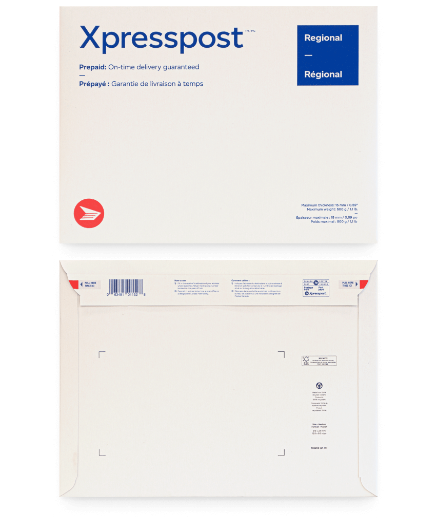 Recto de l’option 2 de l’enveloppe prépayée Xpresspost de Postes Canada pour usage commercial seulement.Verso de l’option 2 de l’enveloppe prépayée Xpresspost de Postes Canada commerciale sans étiquette préaffranchie.