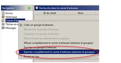 Menu de navigation des OEE 2.0 avec &laquo; Exporter compl&egrave;tement le carnet d'adresses (adresses et groupes) &raquo; en surbrillance.