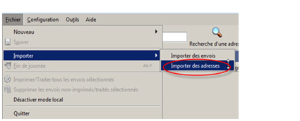 Menu de navigation des OEE 2.0 avec &laquo; Fichier &raquo;, &laquo; Importer &raquo; et &laquo; Importer des adresses &raquo; en surbrillance.
