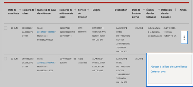 Menu &agrave; trois points &laquo; Actions &raquo; s&eacute;lectionn&eacute; montrant les options &laquo; Ajouter &agrave; la liste de surveillance &raquo; et &laquo; Cr&eacute;er un avis &raquo;. 