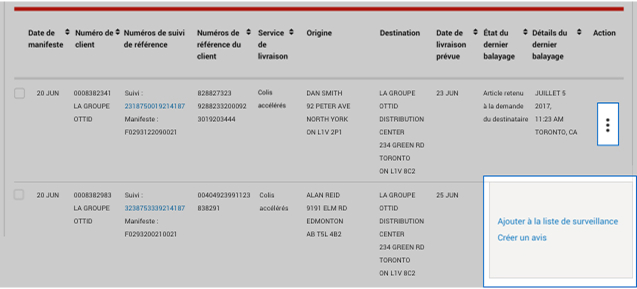 Menu &agrave; trois points &laquo; Actions &raquo; s&eacute;lectionn&eacute; montrant les options &laquo; Ajouter &agrave; la liste de surveillance &raquo; et &laquo; Cr&eacute;er un avis &raquo;. 