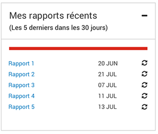 Liste d'Intelligence 360 de « Mes rapports récents ».