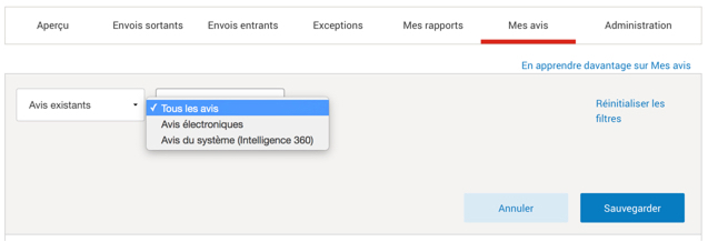 Menu de notifications d'Intelligence 360 avec l'option &laquo; Modifier les filtres &raquo; en surbrillance.