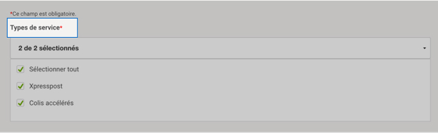 Liste d&eacute;roulante &laquo; Types de service &raquo; d'Intelligence 360.
