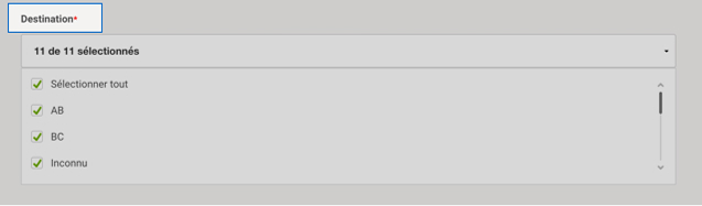 Menu d'Intelligence 360 avec le champ pour &laquo; Destination &raquo; en surbrillance.