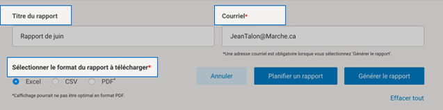 Menu d'Intelligence 360 avec les champs pour le titre du rapport, l'adresse courriel et le format de t&eacute;l&eacute;chargement en surbrillance.