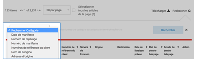 Menu d&eacute;roulant &laquo; Rechercher cat&eacute;gorie &raquo; d'Intelligence 360.