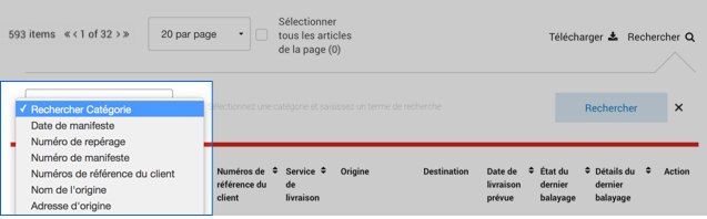 Menu d&eacute;roulant &laquo; Rechercher cat&eacute;gorie &raquo; d'Intelligence 360.