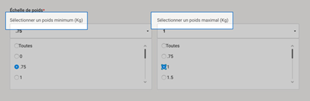 Menu d'Intelligence 360 avec les champs pour un poids minimal et un poids maximal en surbrillance. 
