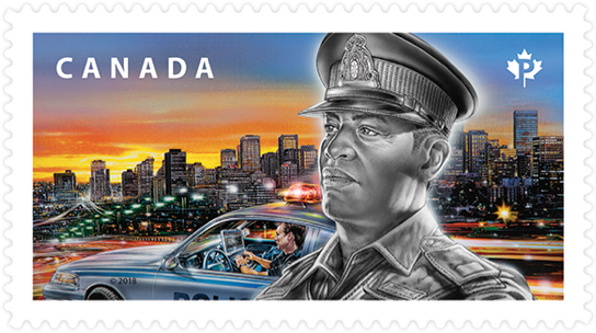 Timbre de Postes Canada sur la police canadienne montrant un policier, une auto-patrouille et des gratte-ciels.