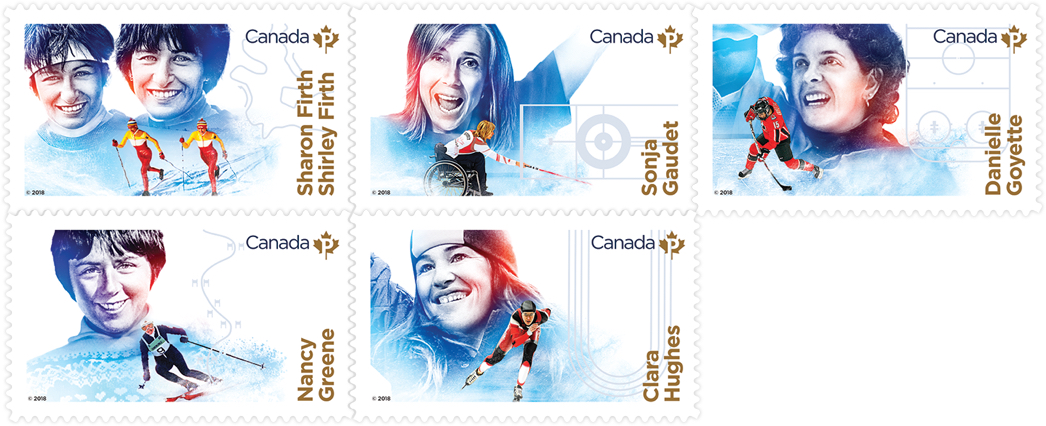 Timbres de Postes Canada honorant Sharon et Shirley Firth, Sonja Gaudet, Danielle Goyette, Nancy Greene et Clara Hughes.