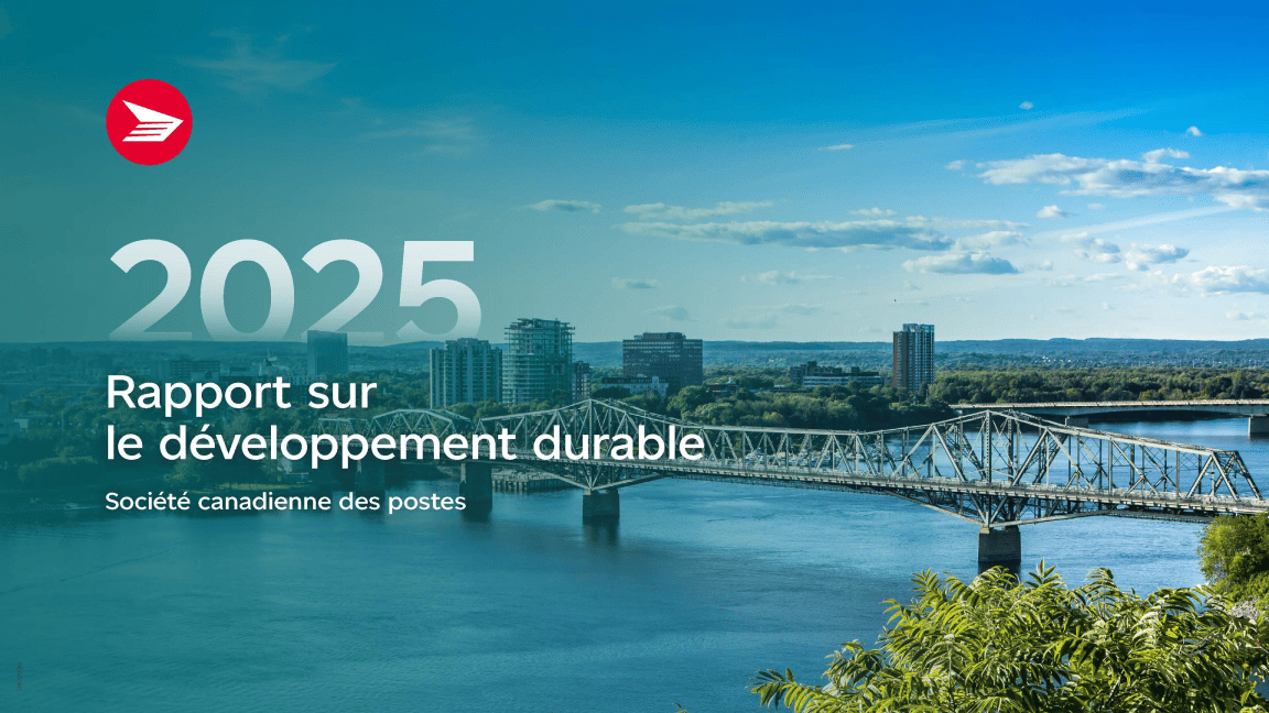 &laquo; Rapport sur le d&eacute;veloppement durable 2025 de la Soci&eacute;t&eacute; canadienne des postes. &raquo;
Paysage canadien d&rsquo;un lac tranquille au pied des montagnes.