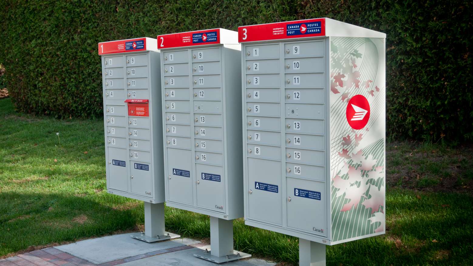 Une rangée de boîtes postales communautaires de Postes Canada accessibles par le trottoir dans un quartier résidentiel
